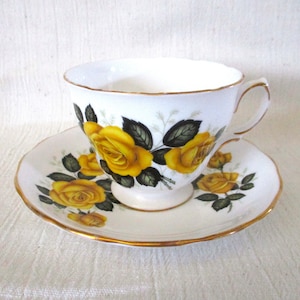 Vintage Royal Vale Bone China Tea Cup and Saucer: Yellow Rose, Gold Trim