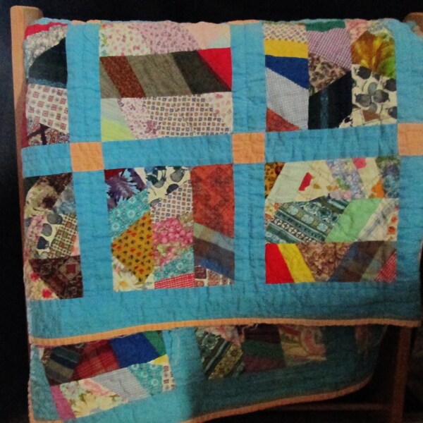 Vintage Hand Quilted 70" x 80" Cotton Crazy Scrap Quilt