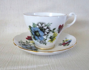Royal Ascot English Bone China Floral Tea Cup and Saucer, Vintage
