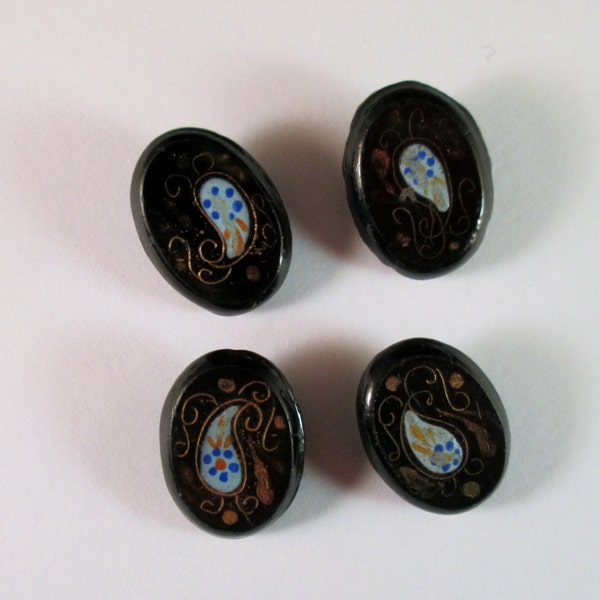 Four Vintage Antique Oval Black Glass Buttons with Enamel and Gold Luster 5/8 inch