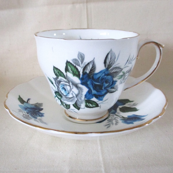 Duchess English Fine Bone China Tea Cup and Saucer/Blue and Gray Roses/Mid Century/1960s/Vintage