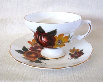 Royal Dover Bone China Footed Tea Cup and Saucer, Autumn Flower Color, Vintage