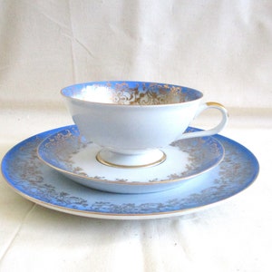 Bavarian China Tea Cup, Saucer and Plate/Blue and Gold/Luncheon Set/Dessert Set/Vintage