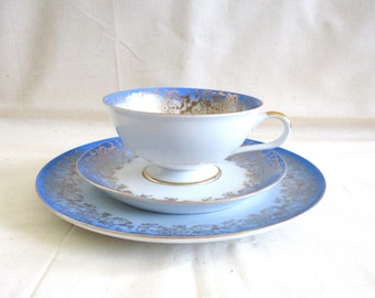 Bavarian China Tea Cup, Saucer and Plate/Blue and Gold/Luncheon Set/Dessert Set/Vintage