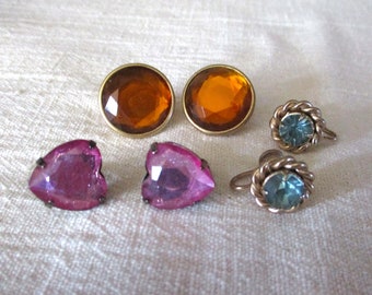 3 Pairs Clip on and Screw Back Vintage Earrings Costume Jewelry