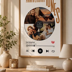 Peut inclure: Une affiche verticale encadrée intitulée ANNIVERSARY TUNES en texte marron. Elle présente un collage circulaire de quatre photos, un cercle noir central avec du texte, une barre de progression musicale, des icônes de lecture et un cœur rouge.