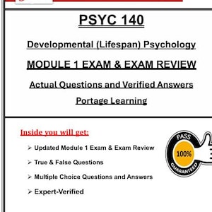 May include: A PDF document with the title "PSYC 140" and the subtitle "Developmental (Lifespan) Psychology." The document includes exam review materials, actual questions, and verified answers. The image also includes a "100% Guaranteed" seal.