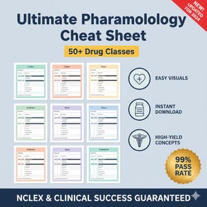 May include: A digital cheat sheet titled "Ultimate Pharmacology Cheat Sheet" with the text "50+ Drug Classes." The image includes colourful charts, icons for easy visuals and instant download, and a gold seal with a 99% pass rate. The text "NCLEX & Clinical Success Guaranteed" is also present.