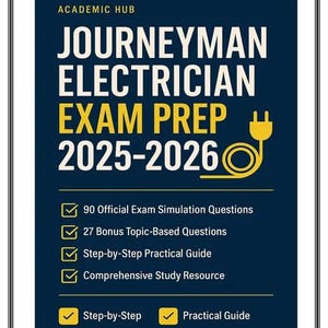 Puede incluir: Portada de libro azul marino con el título "JOURNEYMAN ELECTRICIAN EXAM PREP 2025-2026" en blanco y amarillo. Incluye un gráfico de enchufe eléctrico amarillo y viñetas con recursos de estudio.