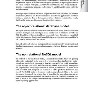 May include: A page from a textbook titled "Understanding Relational Databases." The text discusses object-oriented, object-relational, and nonrelational NoSQL database models. The page includes headings, paragraphs, and the chapter number.