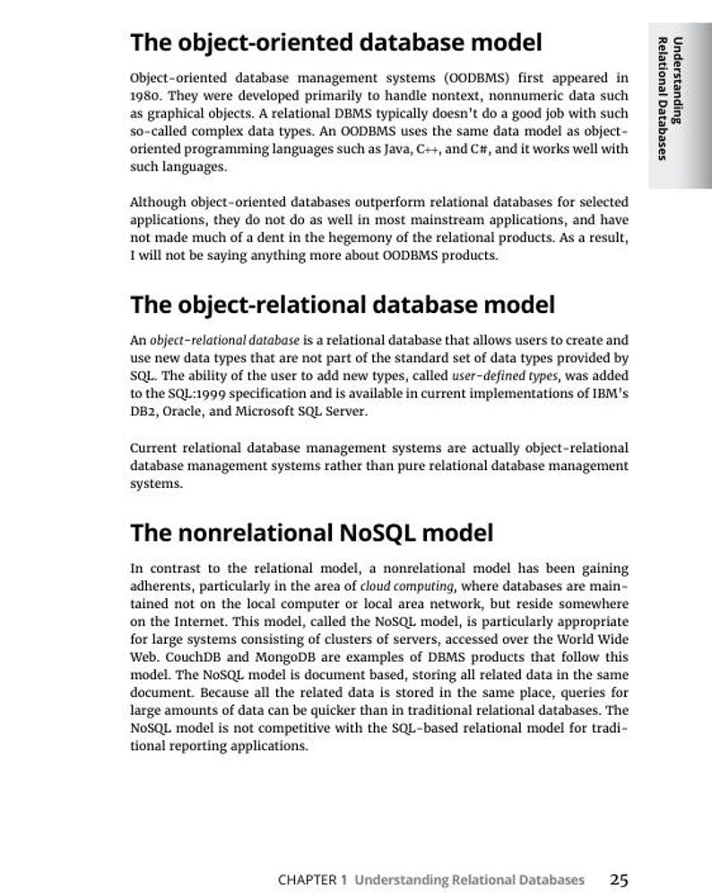 May include: A page from a textbook titled "Understanding Relational Databases." The text discusses object-oriented, object-relational, and nonrelational NoSQL database models. The page includes headings, paragraphs, and the chapter number.