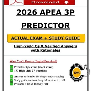 Op de afbeelding: Een digitale download getiteld "2026 APEA 3P Predictor" met de tekst "Actual Exam + Study Guide". De afbeelding bevat een PDF-pictogram, een rode banner met "Download" en een garantiezegel. Het bevat functies zoals een proefexamen en een studiehandleiding.