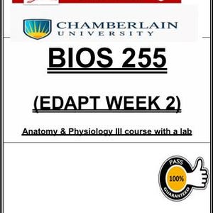 Op de afbeelding: Een wit document met de tekst "BIOS 255" en "(EDAPT WEEK 2)". Het document bevat ook het logo van Chamberlain University, een "Download"-knop en een zegel "100% Gegarandeerd".