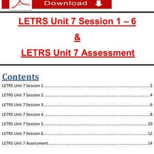 May include: A PDF document with the title "LETRS Unit 7 Session 1-6 & LETRS Unit 7 Assessment." The document includes a table of contents listing sessions and an assessment. A red bar at the top says "Download."