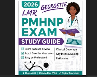 May include: A 2026 PMHNP Exam study guide by LMR Georgette featuring a medical professional in a white coat with a stethoscope holding a purple book. The text includes Exam-Focused Review, Psych Disorder Mnemonics, Clinical Coverage, and Key Meds.
