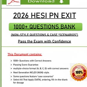 May include: A PDF document with the title "2026 HESI PN EXIT" and "1000+ QUESTIONS BANK." The document promises to help users "Pass the Exam with Confidence." It includes multiple-choice questions, case scenarios, and a passing score guarantee.