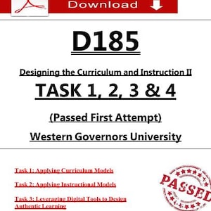 以下が含まれることがあります： 「D185」と題されたドキュメント。テキストには「カリキュラムと指導の設計 II」と「タスク 1、2、3、4」が含まれています。ドキュメントには「（初回合格）」と「ウェスタンガバナーズ大学」の文字も含まれています。上部には赤い「ダウンロード」ボタンがあります。