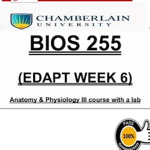 Può includere: Un documento con il testo "BIOS 255" e "(EDAPT WEEK 6)". È visibile il logo della Chamberlain University, insieme alle parole "Anatomy & Physiology III course with a lab". Un pulsante "Download" è in alto.