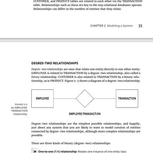 May include: A page from a textbook on relational databases, titled "Relationships." The text describes degree-two relationships, with a diagram showing an EMPLOYEE and TRANSACTION relationship. The diagram includes labeled boxes and a diamond shape.