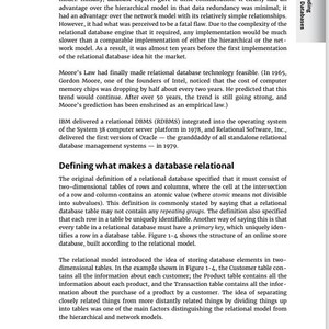 May include: A page from a textbook titled "Understanding Relational Databases." The text discusses the relational database model, including its history, definition, and key features. The page includes text and a chapter number.