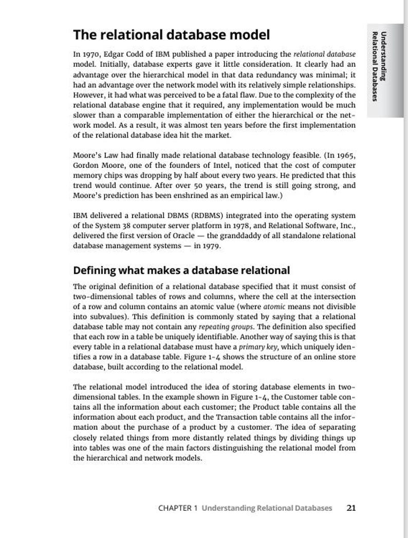 May include: A page from a textbook titled "Understanding Relational Databases." The text discusses the relational database model, including its history, definition, and key features. The page includes text and a chapter number.