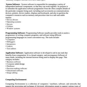 May include: A white page with black text detailing the three main types of computer software: System Software, Programming Software, and Application Software. The text includes bulleted lists of software components.