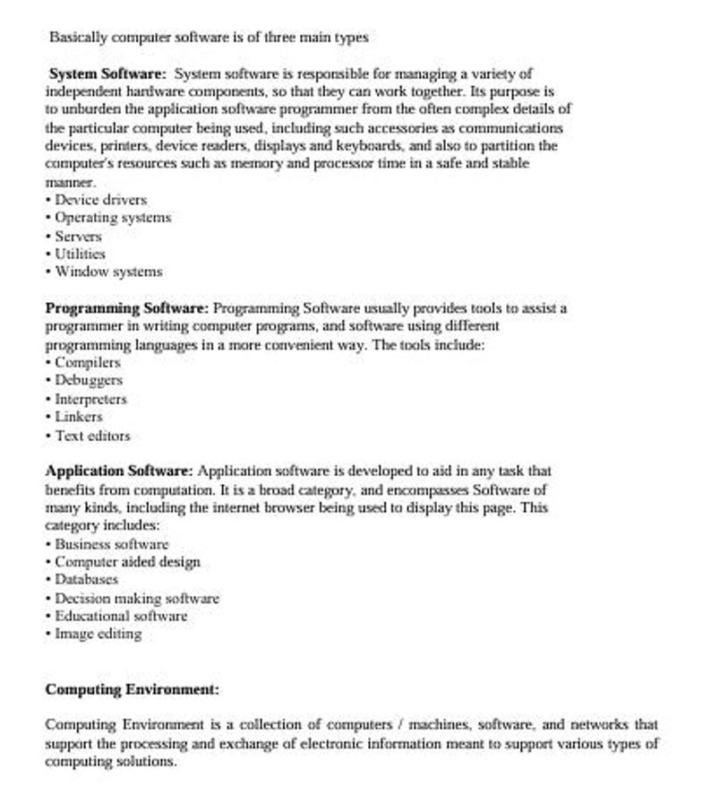 May include: A white page with black text detailing the three main types of computer software: System Software, Programming Software, and Application Software. The text includes bulleted lists of software components.