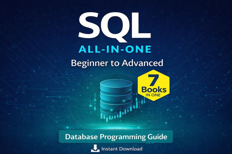 May include: A digital graphic promoting a database programming guide. The image features the word "SQL" in large white letters, with "ALL-IN-ONE" and "Beginner to Advanced" in teal. A stack of blue cylinders represents a database, and a yellow hexagon reads "7 Books IN ONE."