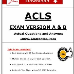 Könnte beinhalten: Ein weißes Dokument mit der Aufschrift "ACLS EXAM VERSION A & B" und den Texten "Actual Questions and Answers" und "100% Guarantee Pass". Es enthält einen "Download"-Button und ein "100% Guarantee Pass"-Abzeichen.