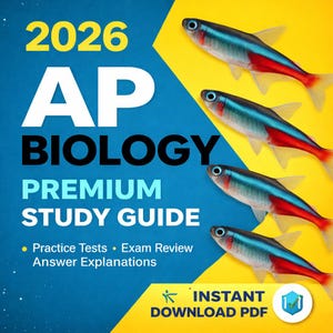 May include: A study guide cover for AP Biology 2026, featuring a blue and yellow design. The cover includes the text "2026 AP BIOLOGY PREMIUM STUDY GUIDE" and illustrations of neon tetras. Includes "Practice Tests • Exam Review Answer Explanations".