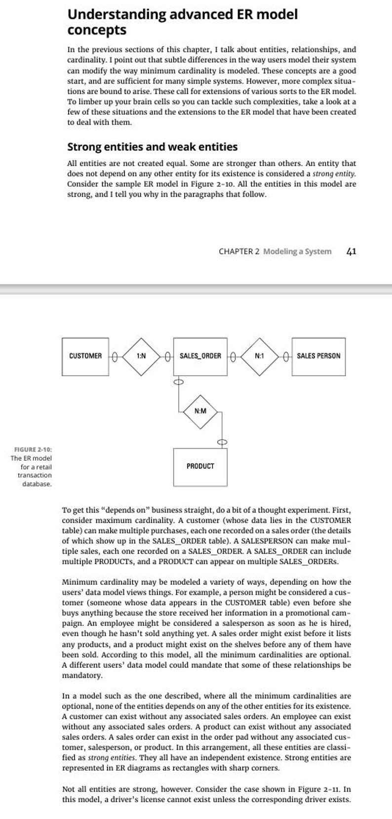 May include: Diagram illustrating advanced ER model concepts, including strong and weak entities. The diagram shows relationships between CUSTOMER, SALES_ORDER, SALES_PERSON, and PRODUCT entities, with annotations indicating cardinality.
