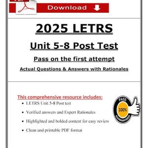 May include: A white PDF document with a red banner that says "Download". The document is titled "2025 LETRS Unit 5-8 Post Test" and includes the text "Pass on the first attempt". A "100% Guaranteed" badge is in the lower right.