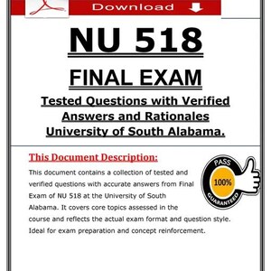 Op de afbeelding: Een document getiteld "NU 518 FINAL EXAM" met de tekst "Tested Questions with Verified Answers and Rationales University of South Alabama." Bevat een "100% Gegarandeerd" zegel en een "Download" knop.