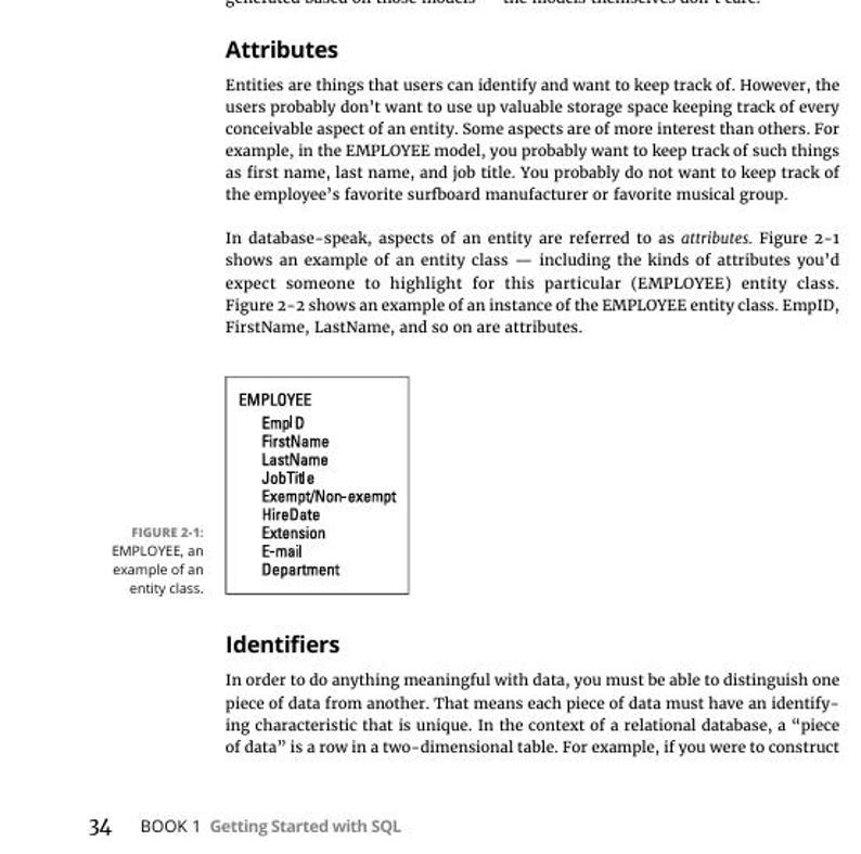May include: A page from a book titled "BOOK 1 Getting Started with SQL" with the heading "Attributes." The page includes text and a diagram of an EMPLOYEE entity class with attributes like EmpID, FirstName, and LastName.