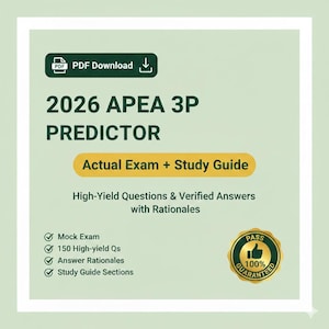 May include: A light green graphic with the text "2026 APEA 3P PREDICTOR" and "Actual Exam + Study Guide". Includes a PDF download icon and a gold seal that says "PASS 100% GUARANTEED".