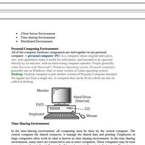 May include: A page from a textbook detailing types of computing environments. The text includes information on client-server, time-sharing, and distributed environments, with a diagram of a desktop computer showing a monitor, keyboard, and mouse.