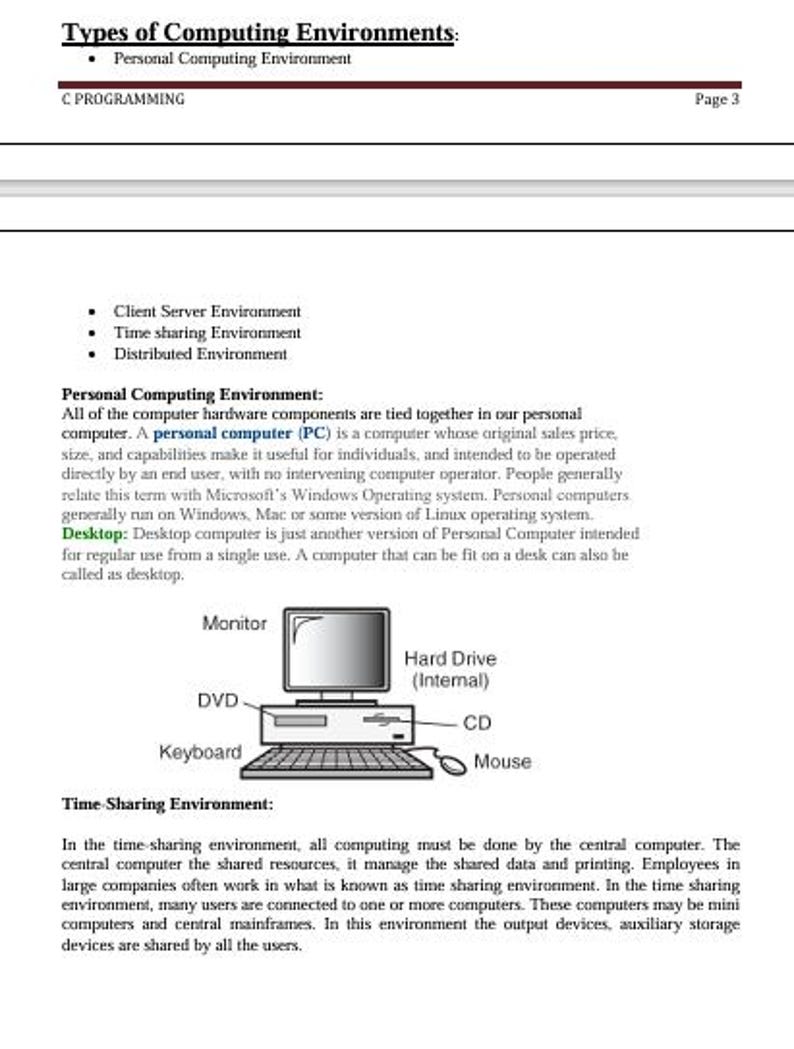 May include: A page from a textbook detailing types of computing environments. The text includes information on client-server, time-sharing, and distributed environments, with a diagram of a desktop computer showing a monitor, keyboard, and mouse.