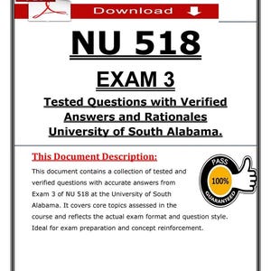 May include: A PDF document with the title "NU 518 EXAM 3" and the text "Tested Questions with Verified Answers and Rationales University of South Alabama." Includes a "100% Guaranteed" seal.
