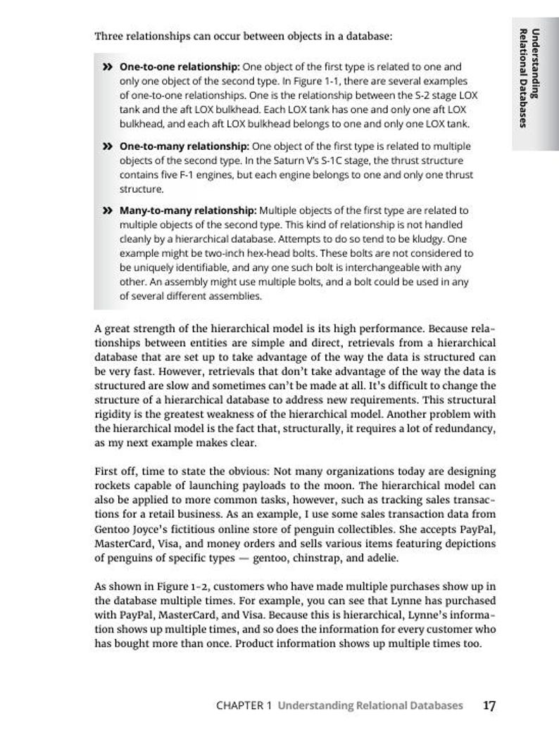 May include: A page from a textbook titled "Understanding Relational Databases." The text discusses one-to-one, one-to-many, and many-to-many relationships in databases, with examples. The chapter is titled "Chapter 1".