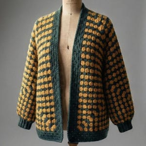 May include: A long-sleeved open-front cardigan featuring a textured crochet pattern in alternating mustard yellow and dark forest green colors. The garment has a solid dark green ribbed trim along the front opening, hem, and sleeve cuffs.