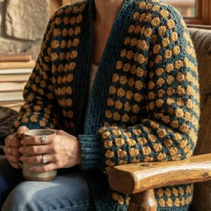 May include: A teal and mustard yellow crochet cardigan with a textured, bobble stitch pattern. The open-front sweater has long sleeves and is worn by a person sitting in a wooden chair. The person is holding a ceramic mug.