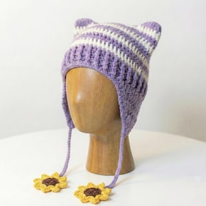Crochet Pattern Cat Ear Flap Hat with Sunflowers, Striped Kitty Beanie Pattern, Cute Aesthetic Crochet, Digital PDF Download