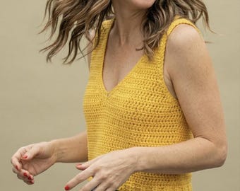 Patrón de camiseta sin mangas de ganchillo / Camiseta bohemia de canalé con cuello en V / Jersey de verano XS–3XL / (Descarga en PDF)
