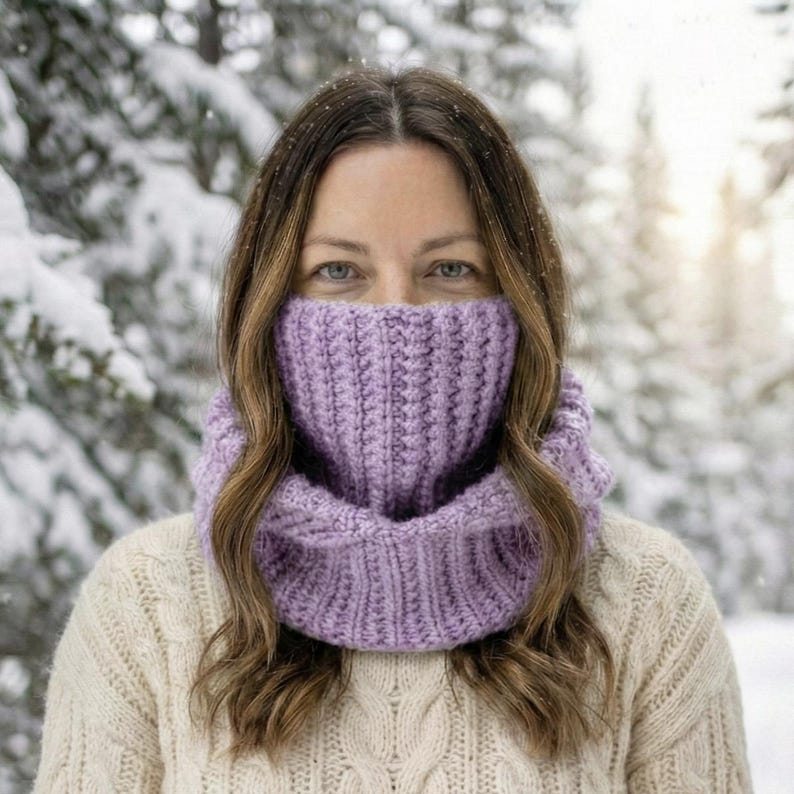May include: A lilac-colored knitted cowl scarf worn around the neck and covering the lower face. The scarf is made of thick yarn with a ribbed texture. The person is wearing a cream-colored sweater. The background is a snowy forest.