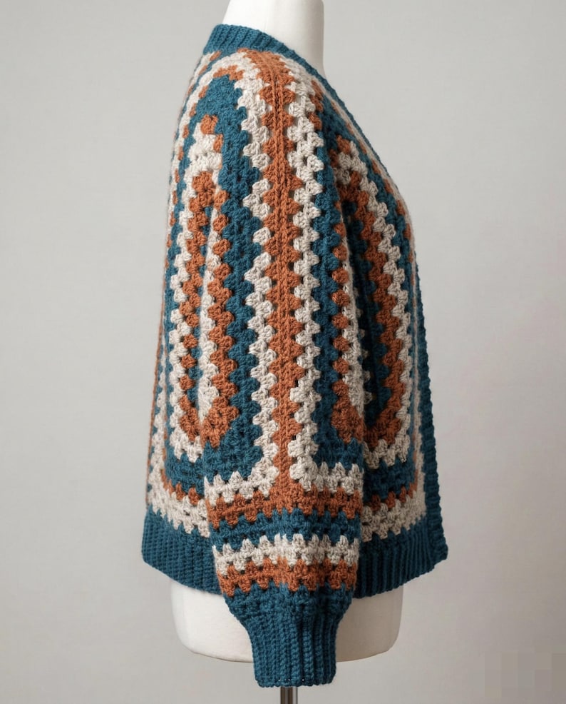 Pu&ograve; includere: Un cardigan all'uncinetto fatto a mano con un motivo a granny square. Il maglione presenta un design a blocchi di colore con quadrati verde acqua, beige e marroni. Le maniche e lo scollo sono verde acqua. Il cardigan &egrave; esposto su un manichino.
