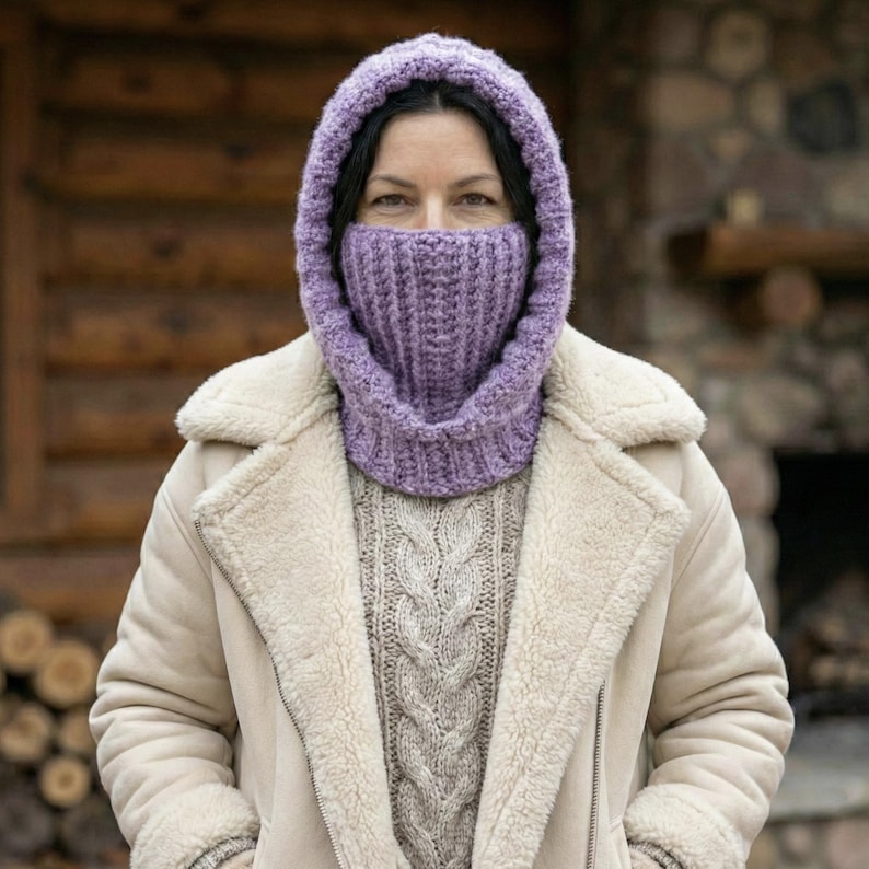 May include: A woman wearing a lavender knitted balaclava with a ribbed design, covering the head and neck. She is also wearing a cream-colored shearling coat and a cable-knit sweater. The background features a wooden structure.