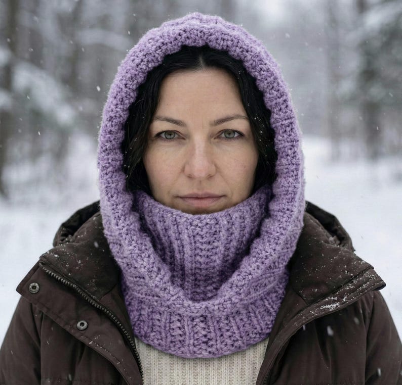 May include: A lilac-colored, knitted hood and cowl set. The hood frames the face, and the cowl wraps around the neck. The set is made of a thick, textured yarn, providing warmth. The background is a snowy forest.