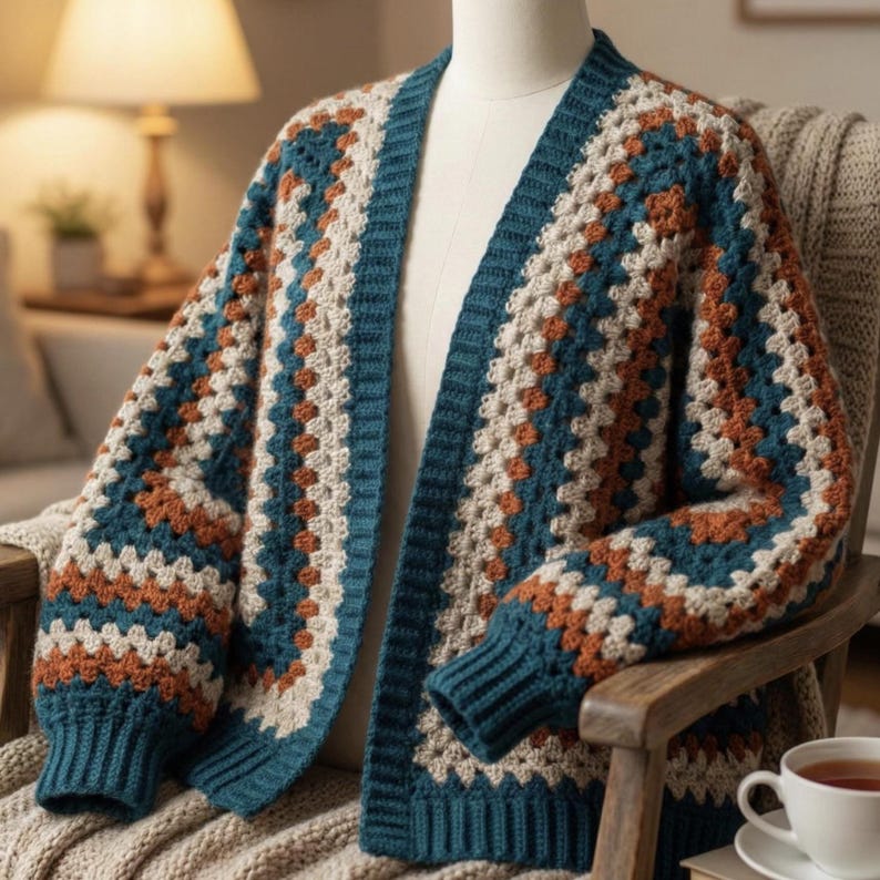 Pu&ograve; includere: Un cardigan fatto a mano, aperto sul davanti, con un motivo a granny square. Il maglione all'uncinetto presenta un design a blocchi di colore con quadrati color verde acqua, crema e ruggine. L'indumento a maniche lunghe &egrave; esposto su un manichino, drappeggiato su una sedia di legno.