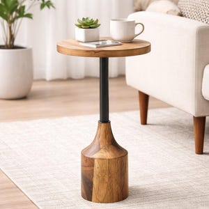 Farmhouse Round End Table, Rustic Pedestal Accent Table