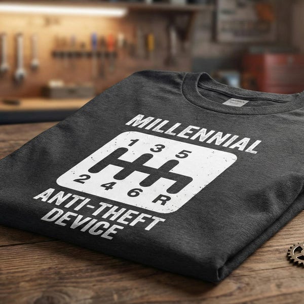 Millennial Anti Theft Device Shirt & Sweatshirt - Funny Car Guy Gift - Stick Shift Manual Transmission Tee - Mechanic Humor - Gearhead Gift